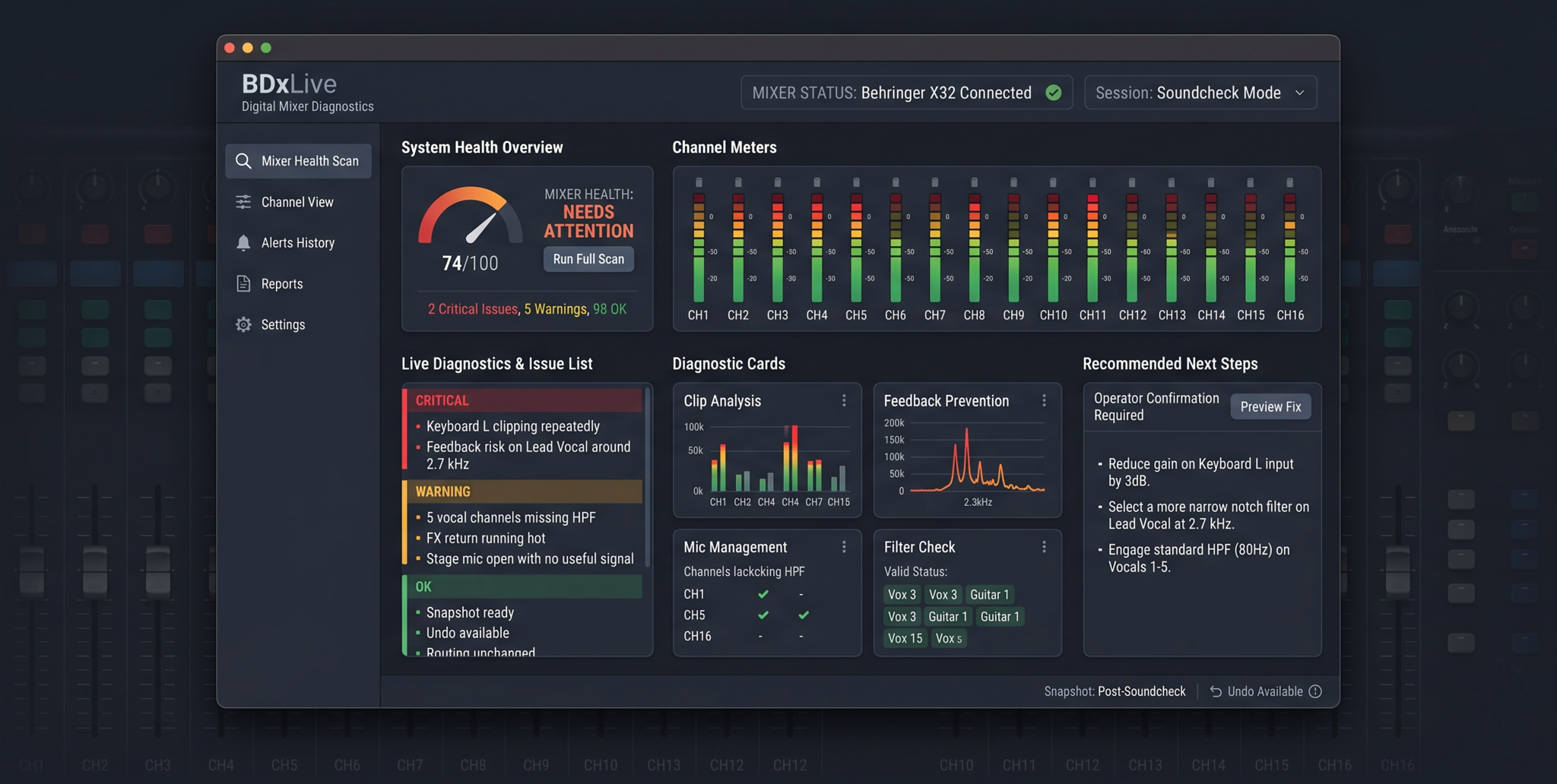 BDxLive mixer health scan dashboard showing detected issues, channel levels, and EQ analysis