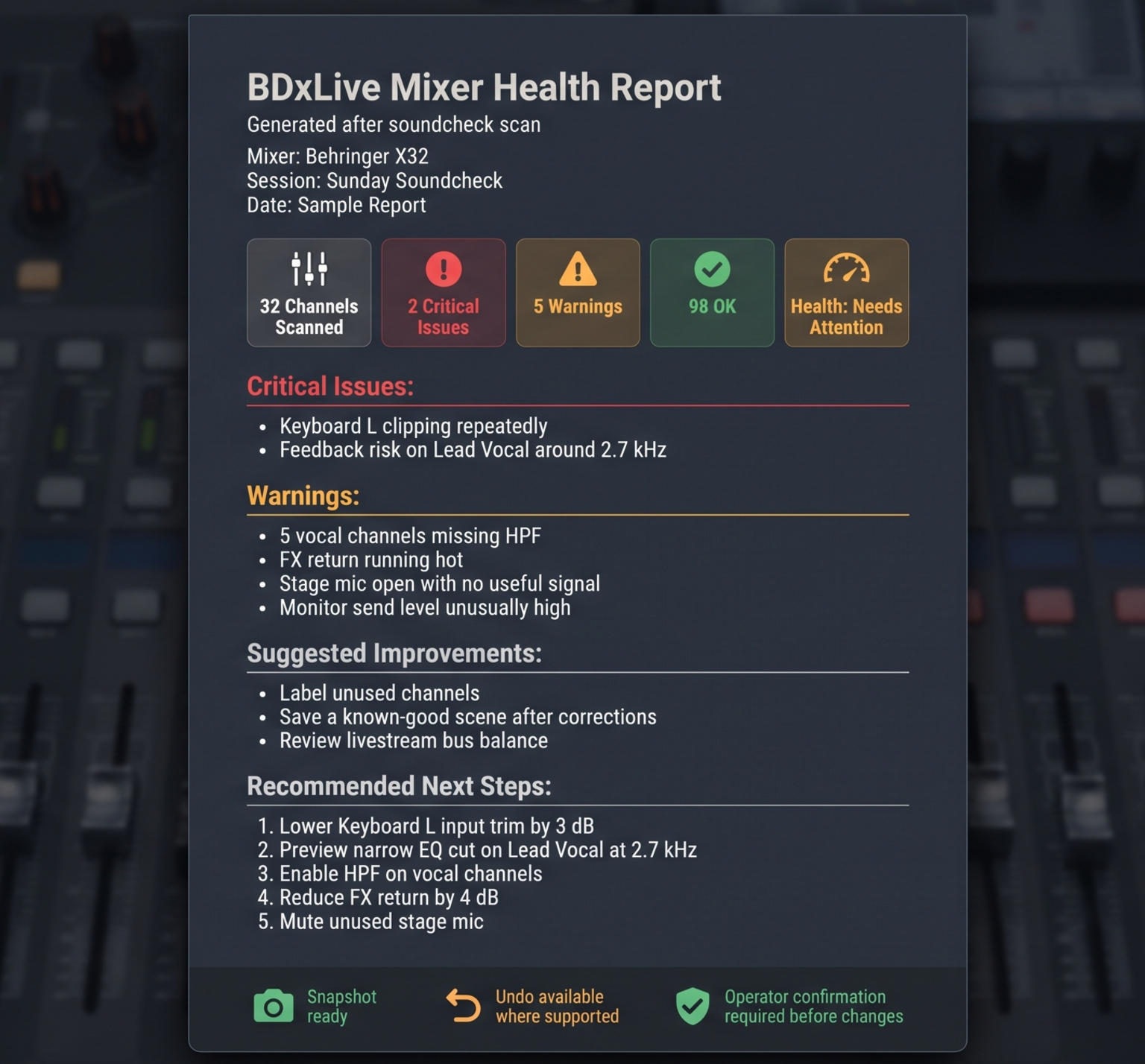 Sample BDxLive mixer health report showing detected issues and recommended fixes